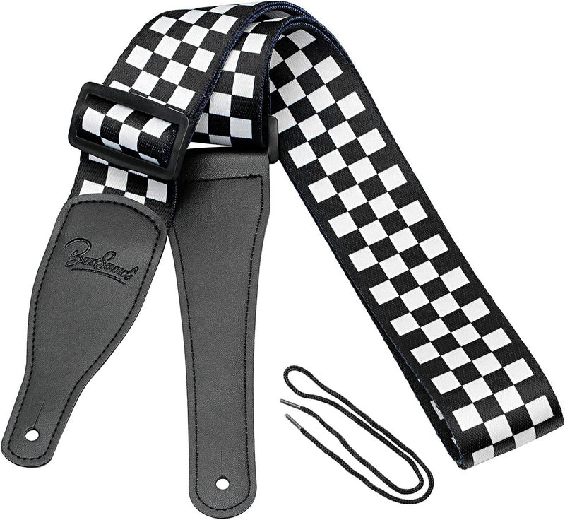 BestSounds Guitar Strap, Bass Guitar Strap, Electric and Acoustic Guitar Straps - Durable Nylon Checkered Guitar Shoulder Strap with Leather Ends (Black and White Checkered) - Image 1